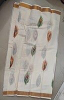 Kerala Kasavu Hand Brush Painted Cotton Saree