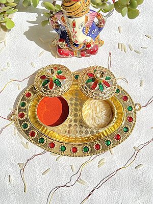 Decorative Indian Roli Chawal and Kumkum Platter Set, Hand Painted Plastic Plate