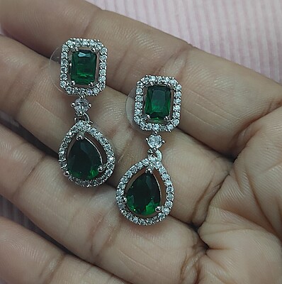 Elegant Latest Faashion Stainless Steel Crystal Silver & Green Stone Drop Earrings for Women and Girls