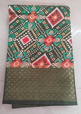 COTTON ZARI BORDER SAREE WITH BLOUSE - Green