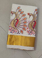Kerala cotton saree with peacock border design Kerala cotton saree with peacock border design